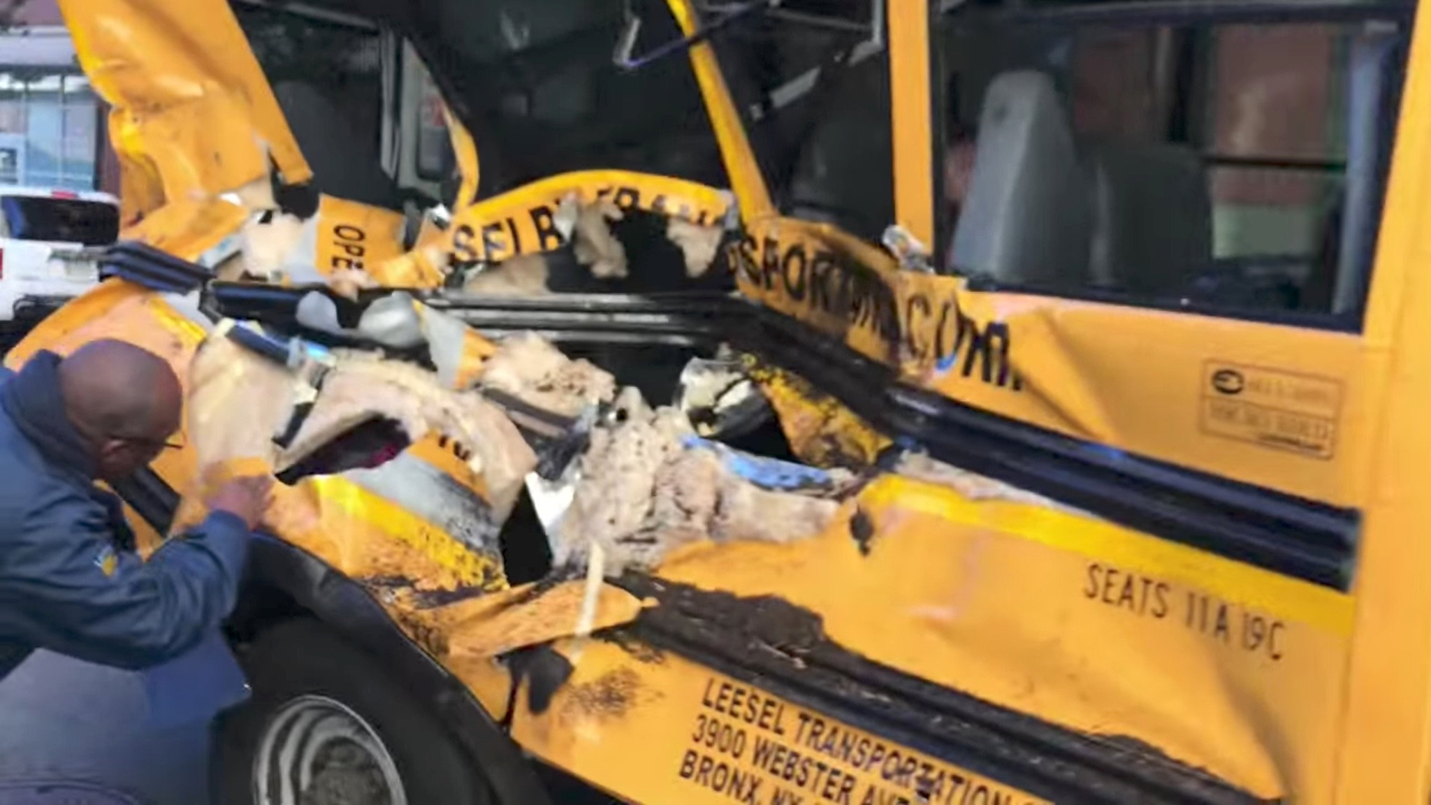 A damaged school bus is seen at the scene of a pickup truck attack in Manhattan, New York, U.S., October 31, 2017 in this picture obtained from social media.