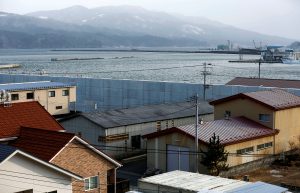 Residential houses and commercial buildings stand behind a seawall at a port in Miyako, Iwate Prefecture, Japan, March 2, 2018. REUTERS/Kim Kyung-Hoon