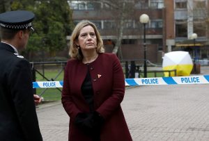 Britain's Home Secretary Amber Rudd, accompanied by Temporary Chief Constable Kier Pritchard, visits the scene where Sergei Skripal and his daughter Yulia were found after having been poisoned by a nerve agent in Salisbury, Britain, March 9, 2018. REUTERS/Peter Nicholls