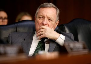 Senator Dick Durbin (D-IL) listens to testimony to the Senate Judiciary Committee during a hearing about legislative proposals to improve school safety in the wake of the mass shooting at the high school in Parkland, Florida, on Capitol Hill in Washington, U.S., March 14, 2018. REUTERS/Joshua Roberts