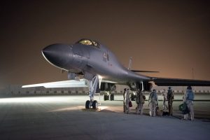 A U.S. Air Force B-1B Lancer and crew, being deployed to launch strike as part of the multinational response to Syria's use of chemical weapons, is seen in this image released from Al Udeid Air Base, Doha, Qatar on April 14, 2018. U.S. Air Force/Handout via REUTERS