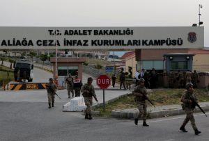 Turkish gendarmes patrol outside of Aliaga Prison and Courthouse complex in Izmir, Turkey April 16, 2018. REUTERS/Sadi Osman Temizel