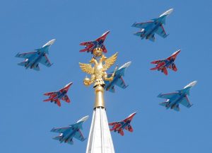 Russian army MiG-29 jet fighters of the Strizhi (Swifts) and Su-30 jet fighters of the Russkiye Vityazi (Russian Knights) aerobatic teams fly in formation during the Victory Day parade, marking the 73rd anniversary of the victory over Nazi Germany in World War Two, in central Moscow, Russia May 9, 2018. REUTERS/Maxim Shemetov