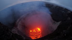 Kilauea volcano's summit lava lake shows a significant drop of roughly 722 feet below the crater rim in this wide angle camera view showing the entire north portion of the Overlook crater May 6, 2018. USGS/Handout via REUTERS
