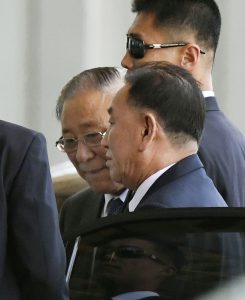 FILE PHOTO: Kim Yong Chol (front), vice chairman of the ruling Workers' Party's Central Committee and formerly head of a top North Korean military intelligence agency, arrives at the international airport in Beijing, China in this photo taken by Kyodo on May 30, 2018. Mandatory credit Kyodo/via REUTERS