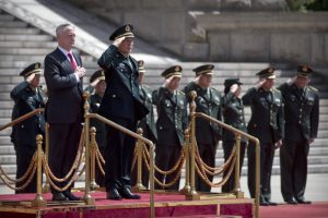 U.S. Defense Secretary Jim Mattis, left, and China's Defense Minister Wei Fenghe stand as the American national anthem is played during a welcome ceremony at the Bayi Building in Beijing, Wednesday, June 27, 2018. Mark Schiefelbein/Pool via Reuters
