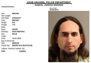 Jarrod Ramos, suspected of killing five people at the offices of the Capital Gazette newspaper office in Annapolis, Maryland, U.S., June 28, 2018 is seen in this 2013 Anne Arundel Police Department booking photo obtained from social media. Social media via REUTERS