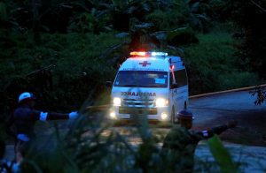 An ambulance leaves from Tham Luang cave complex in the northern province of Chiang Rai, Thailand, July 9, 2018. REUTERS/Soe Zeya Tun