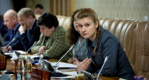 Public figure Maria Butina (R) attends a meeting of a group of experts, affiliated to the government of Russia, in this undated handout photo obtained by Reuters on July 17, 2018. Press Service of Civic Chamber of the Russian Federation/Handout via REUTERS