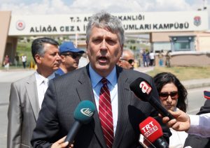 Philip Kosnett, U.S. Charge d'affaires in Turkey, talks to media in front of the Aliaga Prison and Courthouse complex in Izmir, Turkey July 18, 2018. REUTERS/Kemal Aslan