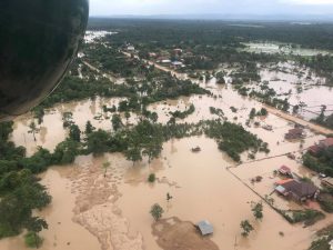 Aerial view shows the flooded area after a dam collapsed in Attapeu province, Laos July 25, 2018 in this image obtained from social media. MIME PHOUMSAVANH/via REUTERS