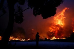 FILE PHOTO: A man looks at the flames as a wildfire burns in the town of Rafina, near Athens. REUTERS/Costas Baltas