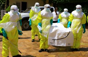FILE PHOTO: Congolese officials and the World Health Organization officials wear protective suits as they participate in a training against the Ebola virus near the town of Beni in North Kivu province of the Democratic Republic of Congo, August 11, 2018. REUTERS/Samuel Mambo