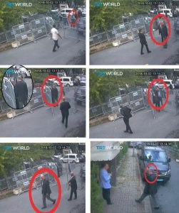 Still images taken from CCTV video and obtained by TRT World claim to show Saudi journalist Jamal Khashoggi, highlighted in a red circle by the source, as he arrives at Saudi Arabia's Consulate in Istanbul, Turkey October 2, 2018. Courtesy TRT World/Handout via Reuters