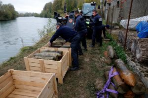Deminers from a bomb-disposal unit place in boxes unexploded shells recovered in the Meuse River at Sivry-sur-Meuse, close to WWI battlefields, near Verdun, France, October 24, 2018 before the centenial commemoration of the First World War Armistice Day. REUTERS/Pascal Rossignol
