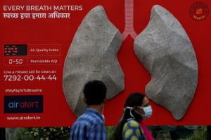 People pass by an installation of an artificial model of lungs to illustrate the effect of air pollution outside a hospital in New Delhi, India, November 5, 2018. Picture taken November 5, 2018. REUTERS/Anushree Fadnavis