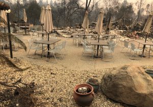 Cafe tables and umbrellas stand idle as the remains of Mama Celeste's Gastropub and Pizzeria lies in ruins after wildfires devastated the area in Paradise, California, U.S., November 12, 2018. REUTERS/Sharon Bernstein