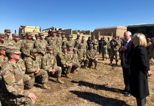 U.S. Defense Secretary Jim Mattis alongside U.S. Secretary of Homeland Security Kirstjen Nielsen, addresses troops at Base Camp Donna in Donna, Texas, U.S., November 14, 2018. REUTERS/Phil Stewart
