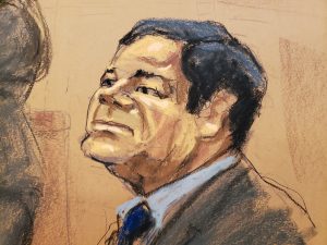 Accused Mexican drug lord Joaquin "El Chapo" Guzman sits in court in this courtroom sketch during Guzman's trial in Brooklyn federal court in New York City, U.S., January 30, 2019. REUTERS/Jane Rosenberg